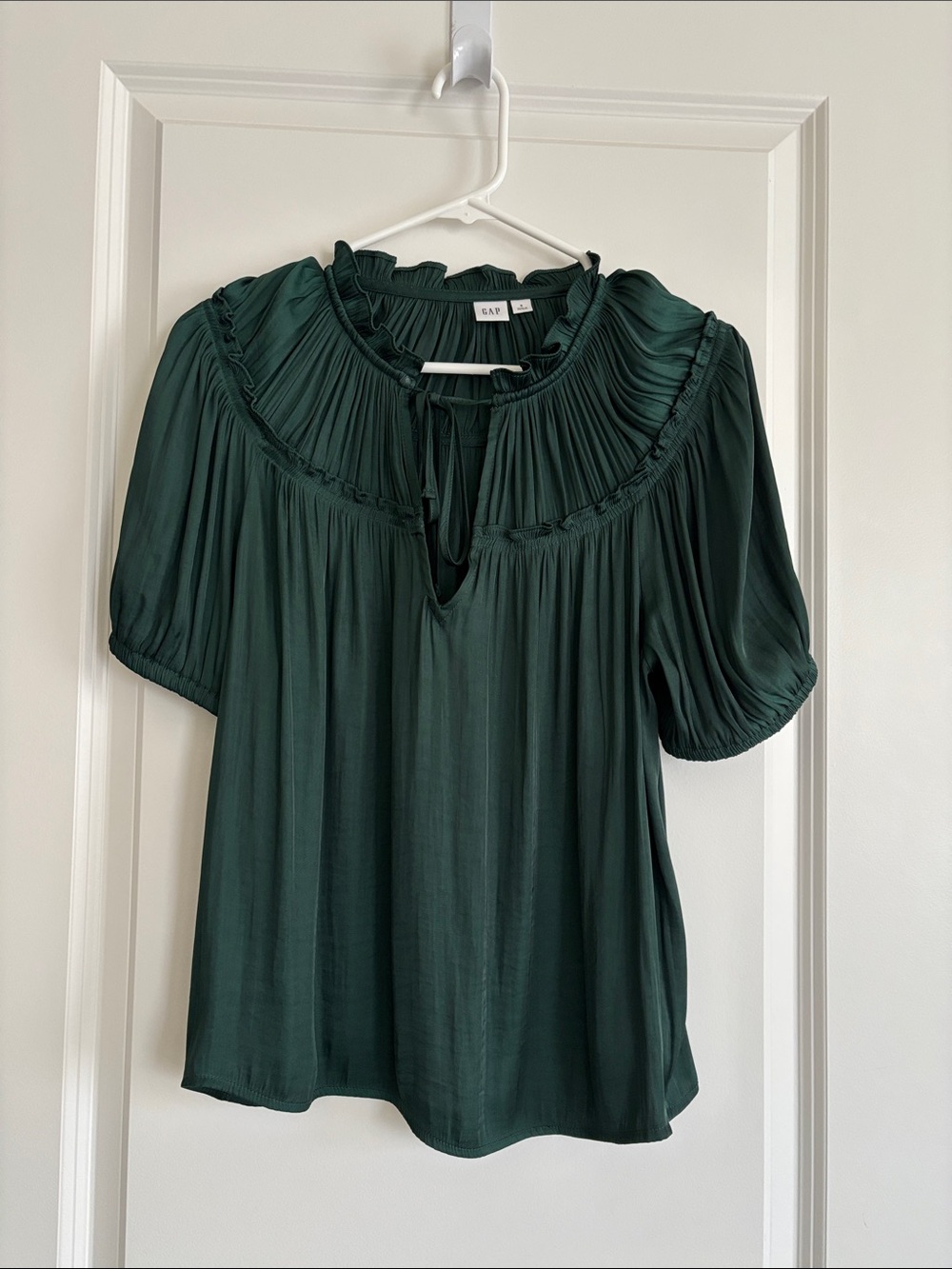 GAP Dark Green Pleated Yoke Tie-Neck Women’s Top